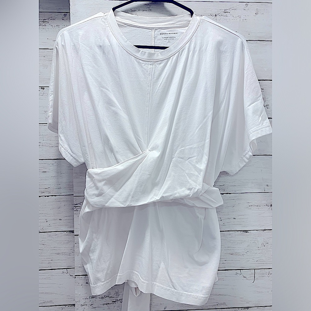 Banana Republic White Supima Cotton Short Sleeve Wrap Front Tie Back Shirt